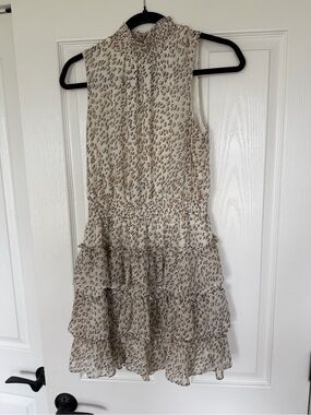 Express Beige and Black Leopard Print Smocked Neck Blouse